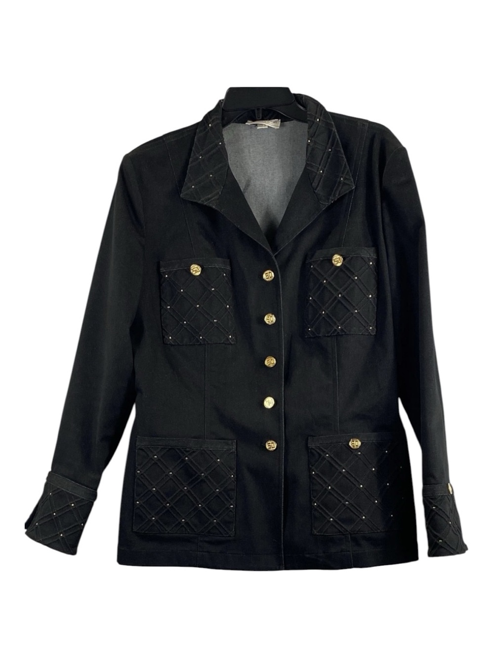 Vintage St. John Sport Black Quilted Accent Blazer with Gold Buttons Sz L EUC